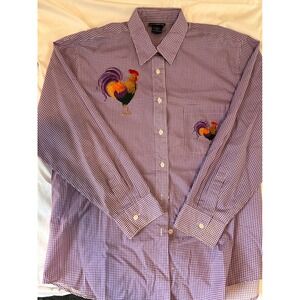Las Olas Mens Large Purple Gingham Rooster Embroidered Button Down Shirt Novelty